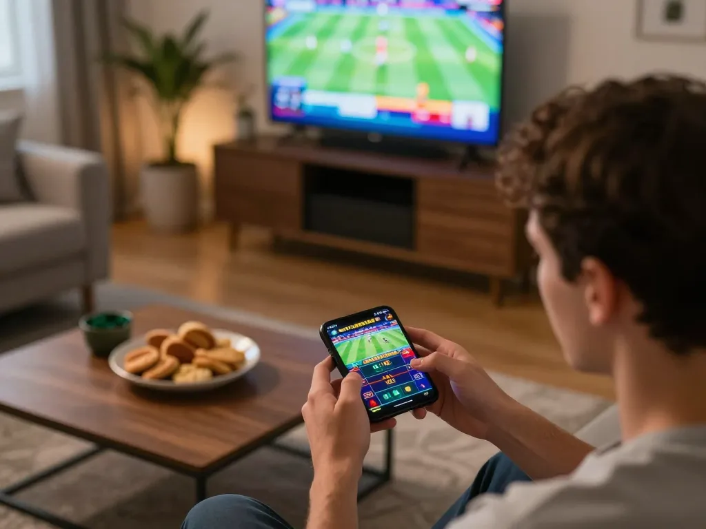 MM88 user strategizing sports bets on smartphone in cozy home setting, colorful app interface visible