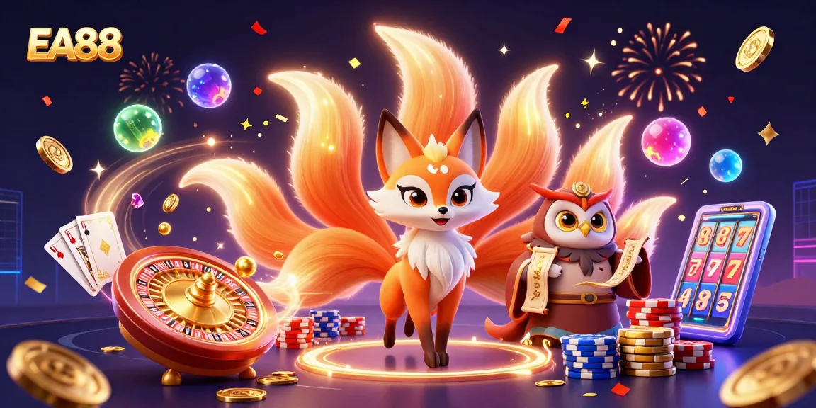 Experience EA88's vibrant casino world with a colorful nine-tailed fox and glowing roulette elements.