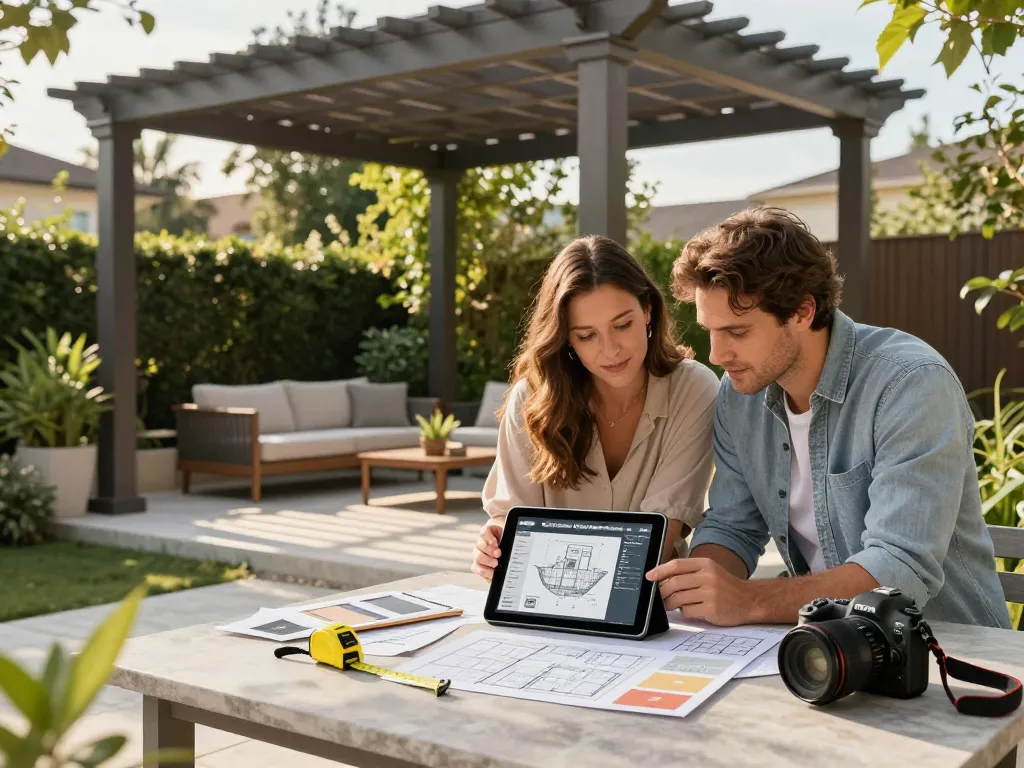 Coppia che progetta una pergola utilizzando il software configuratore pergole su un tablet in un tranquillo contesto all'aperto.