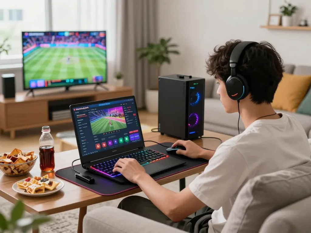 Engaged player using https://bomwin.jp.net/ in a vibrant home gaming setup.