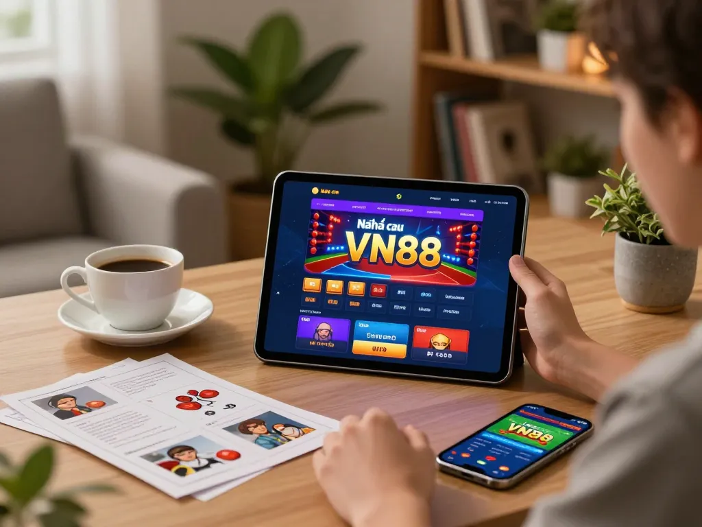 Engaging with Nhà cái VN88 app on tablet in cozy home office with casino strategy notes.