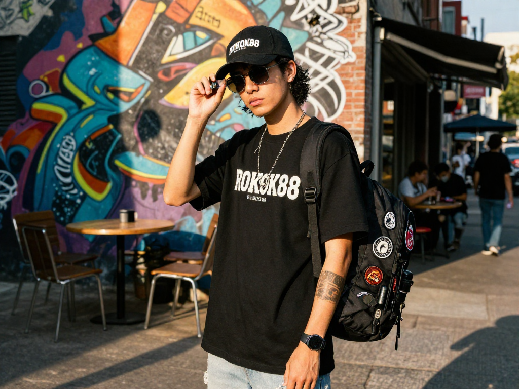 Exclusive rokok 88 merchandise showcased in urban fashion scene, featuring stylish individual with vibrant street art background.