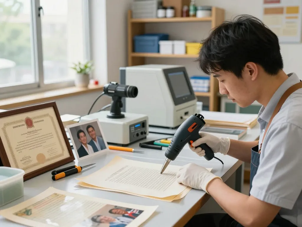 Experienced technician performing bóc ép plasitc on cherished documents, showcasing advanced preservation technology in bright workshop.