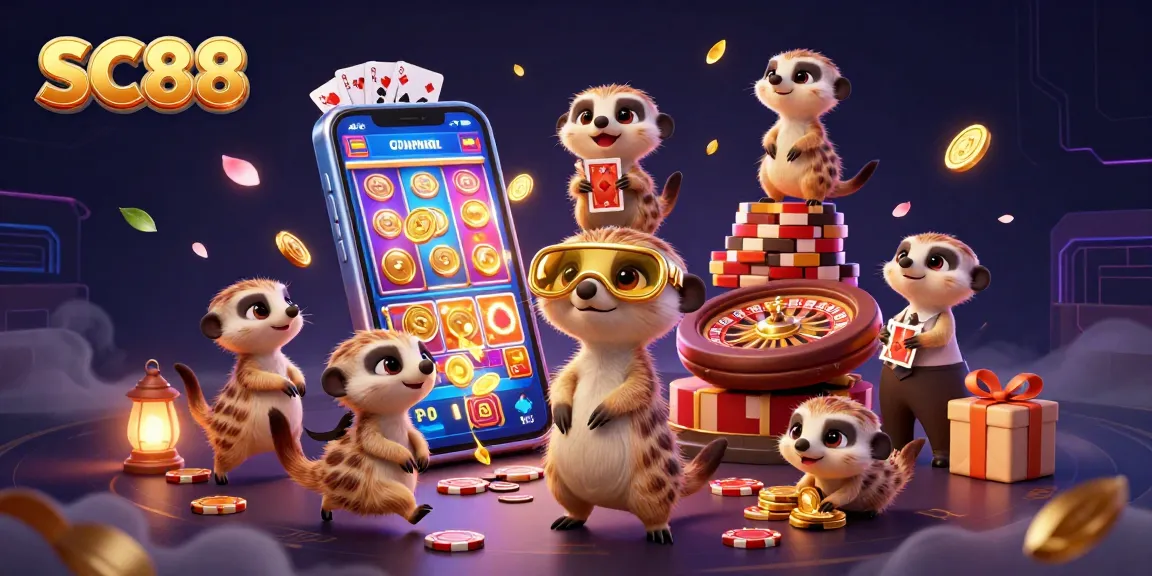 SC88 meerkats in a lively casino setting with colorful slot games and dynamic action.