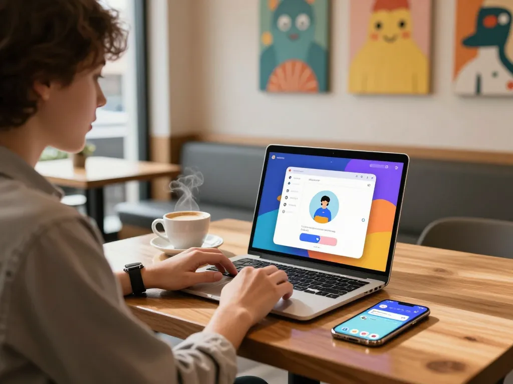 Person engaged in a crush on AI character chat, showcasing app interface in cozy café.