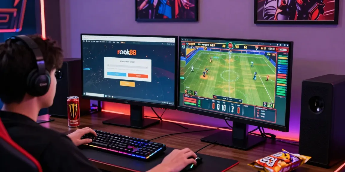 Player engaged with rokok88 login on dual monitors in a vibrant gaming setup.