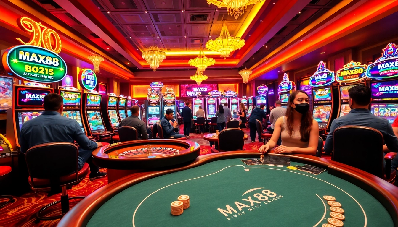 Experience the thrill of MAX88 at a glamorous casino table with exciting games and vibrant atmosphere.