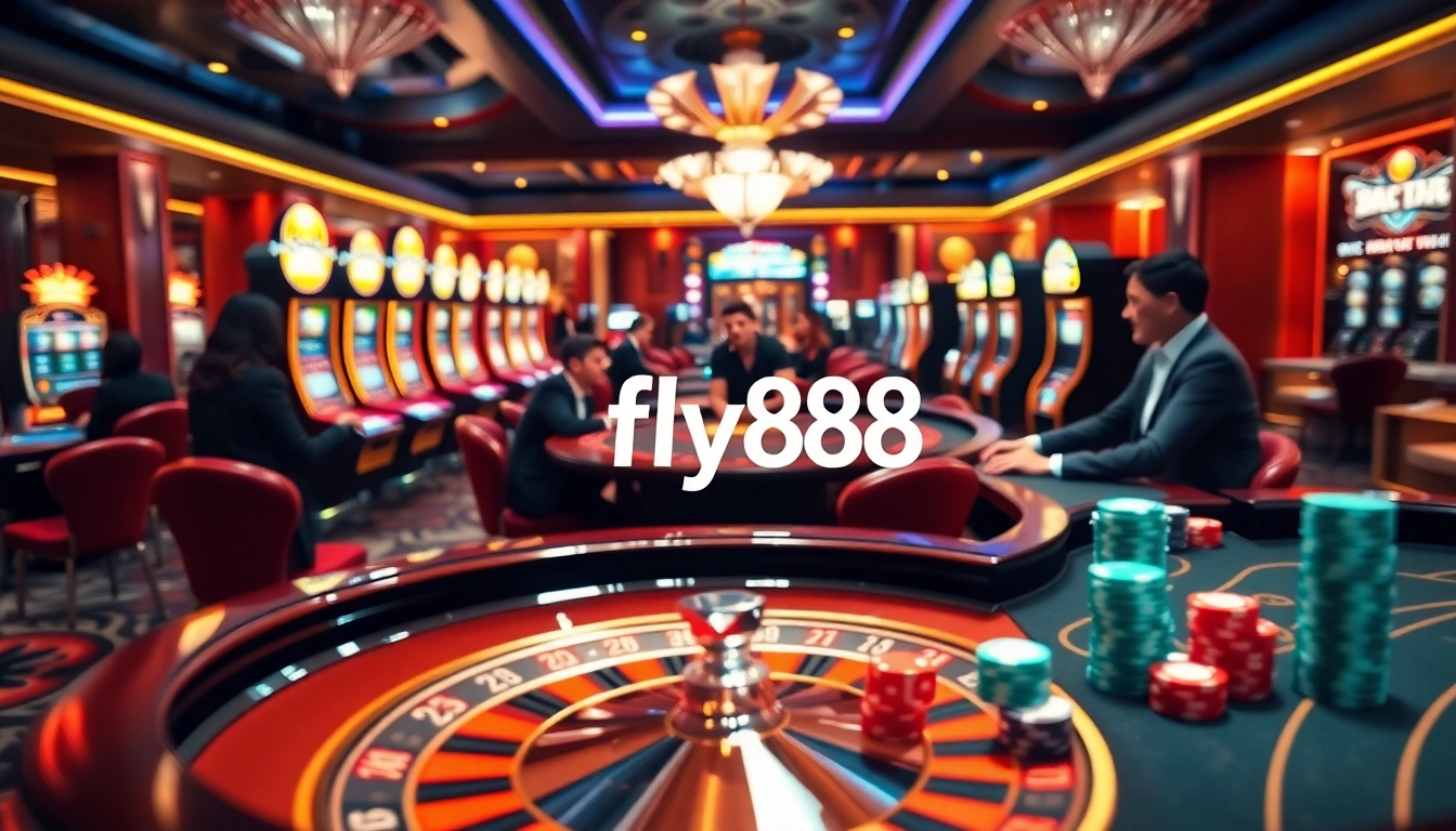Experience the thrills of fly88 with gamblers enjoying an exciting game at a luxurious casino table.