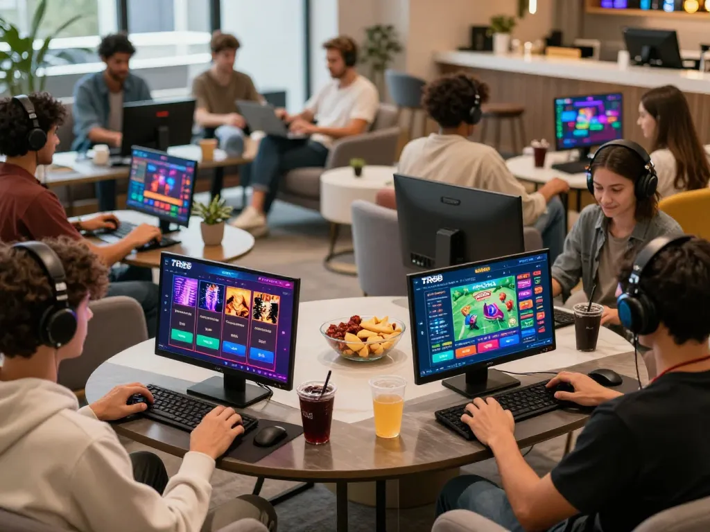 Enthusiastic players engaging with the TR88 gaming platform in a modern lounge setting, showcasing a vibrant gaming atmosphere.