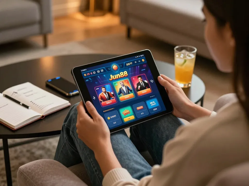 Player engaging with the Jun88 app on a tablet in a cozy home setting, showcasing online gambling experience.