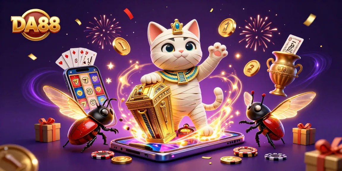 Experience thrilling gameplay at DA88 with a vibrant casino scene featuring a mummy cat and scarab beetle.