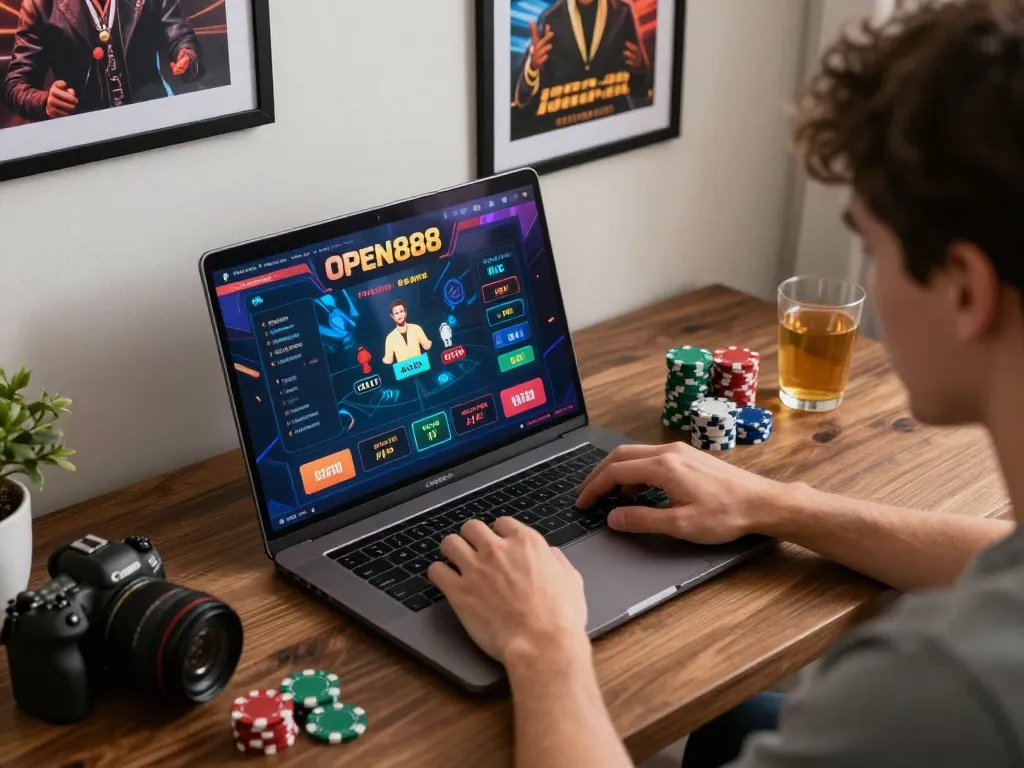 Experience live action betting with OPEN888's online platform highlighted in a vibrant home gaming setup.