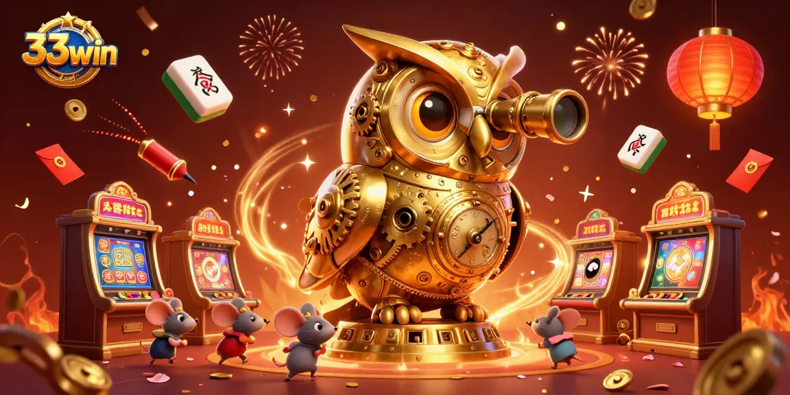 Engage your luck at 33win with the whimsical casino scene of a golden owl guiding tiny patrons amid festive decorations.