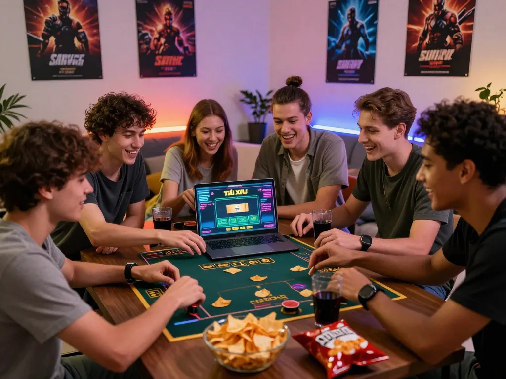 Friends enjoying an exciting game of tài xỉu sunwin in a vibrant online gaming atmosphere.