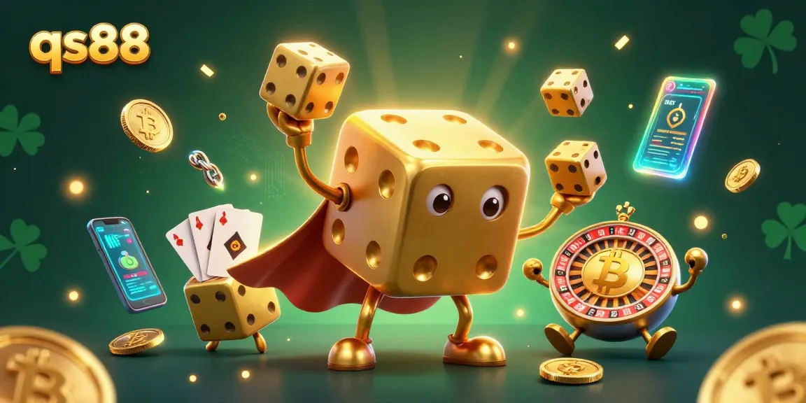 Experience qs88 excitement with a vibrant casino scene featuring a golden dice golem and dynamic gaming elements.