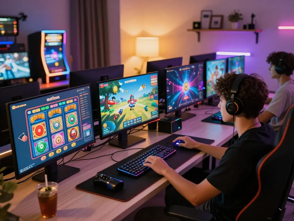 A player engaged in exciting okfun games using a vibrant online gaming setup at home.