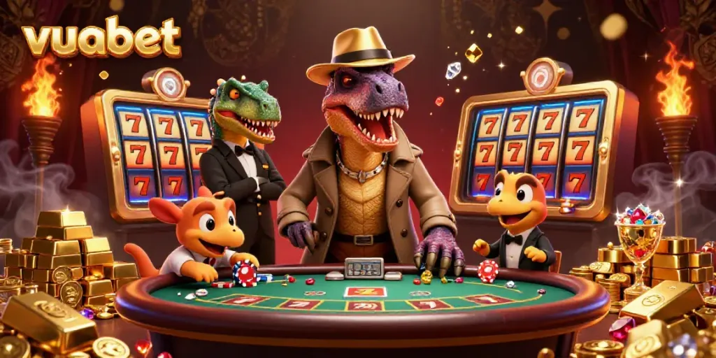 Experience thrilling fun at vuabet with a dynamic casino scene featuring dinosaurs and glamorous game elements.