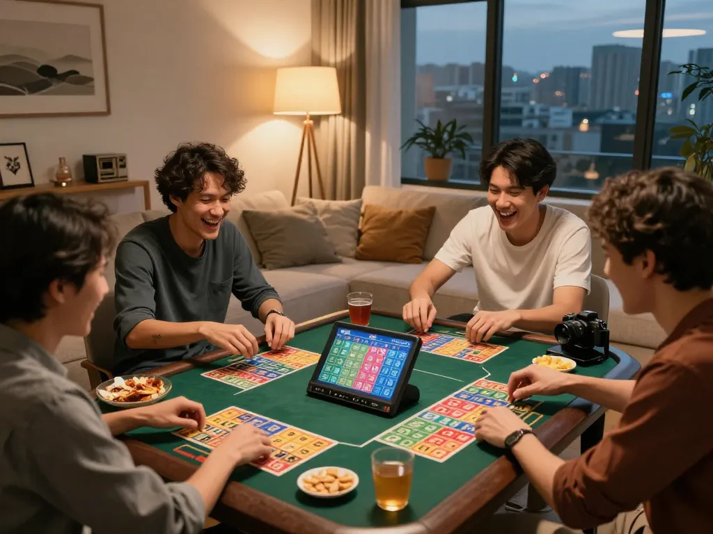 Engaging lô đề game night with friends in a cozy home, colorful number cards on table.