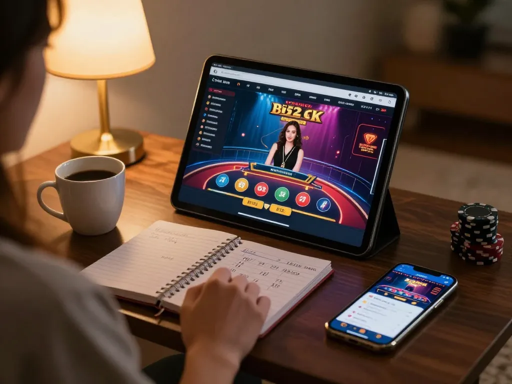B52 club player engaging in strategic online gaming at home with live dealer interface