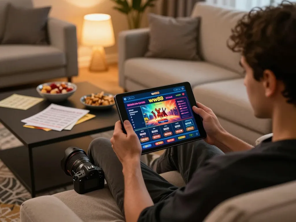 Engaging gameplay on ww88's online casino interface in a cozy home setup