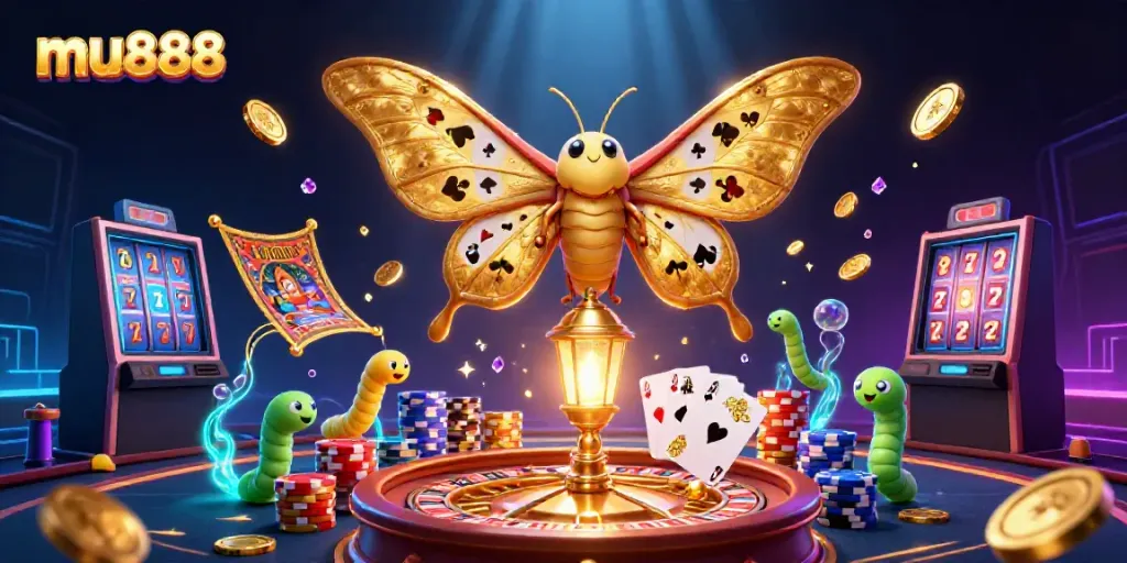 Experience excitement at mu888 with golden casino motifs and vivid gaming elements in a stunning 3D illustration.