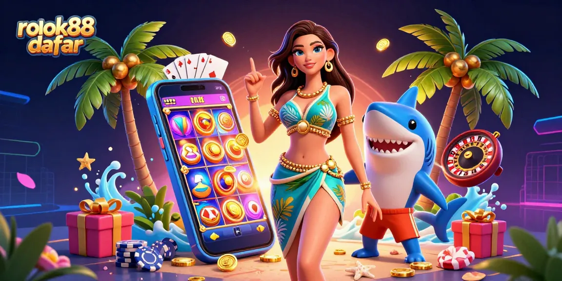 Engage with the vibrant rokok88 daftar scene showcasing a glamorous woman and a surfer shark amidst a casino gaming explosion.