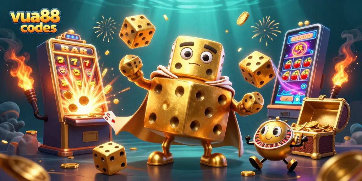 Join the excitement of VUA88 codes in a vibrant 3D casino scene featuring golden dice and jackpots.