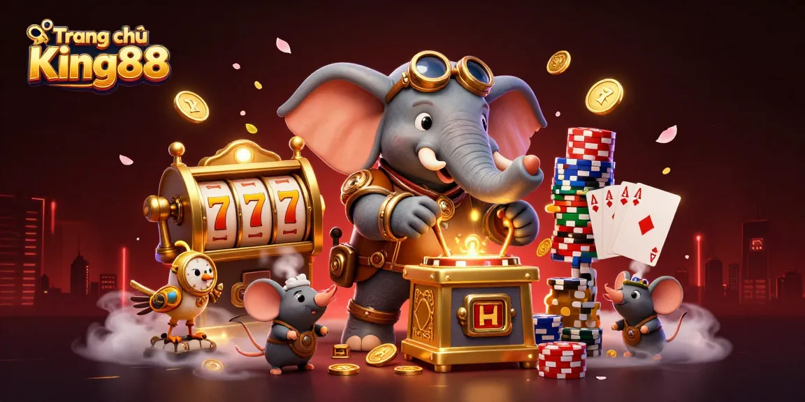 Experience the thrill of winning at Trang chủ King88 with a dynamic steampunk casino scene, featuring a cartoon elephant engineer.