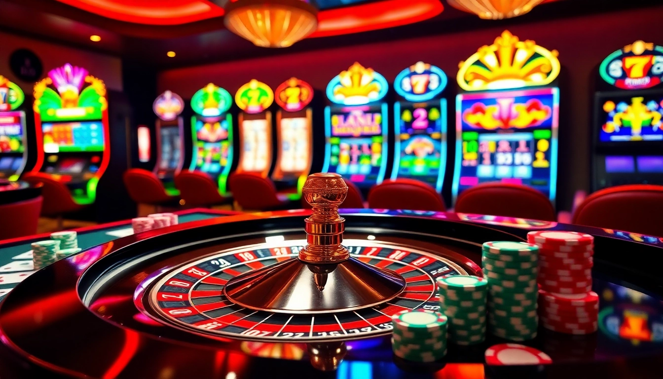 A lively scene showcasing rr 88's vibrant casino atmosphere with roulette, poker chips, and slot machines.
