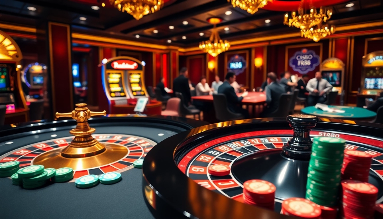 RR88 casino scene with a roulette table and enthusiastic gamblers in an elegant setting.