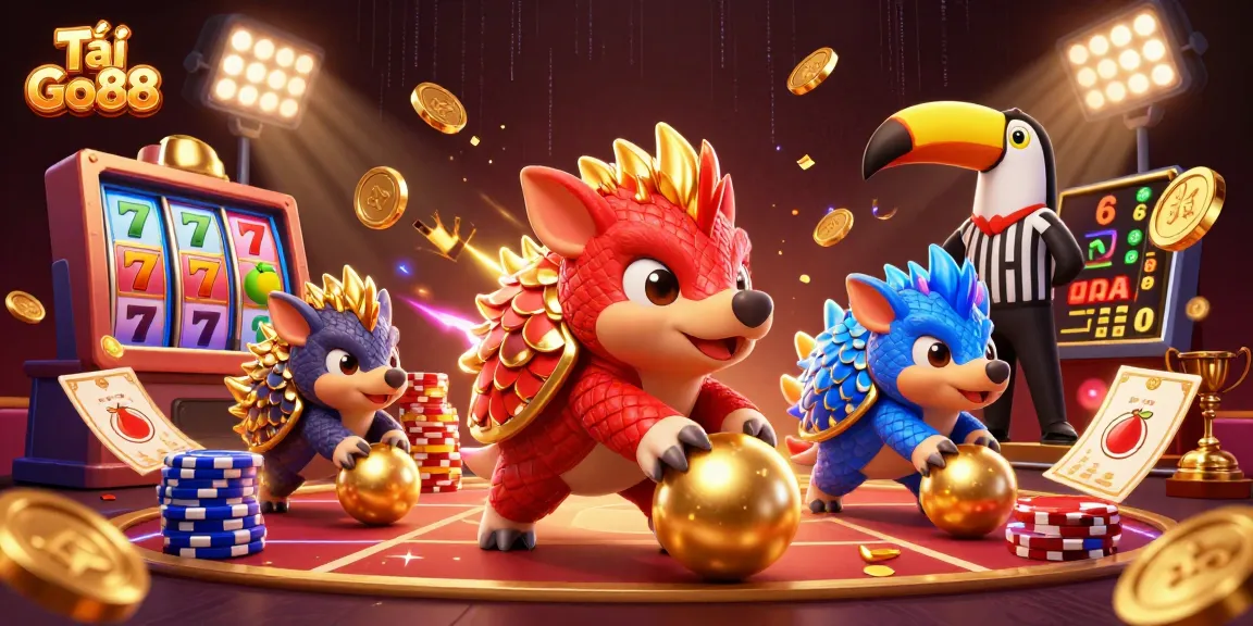 Tải Go88 showcases dynamic rival pangolins bowling poker chips in a vibrant casino scene full of action.