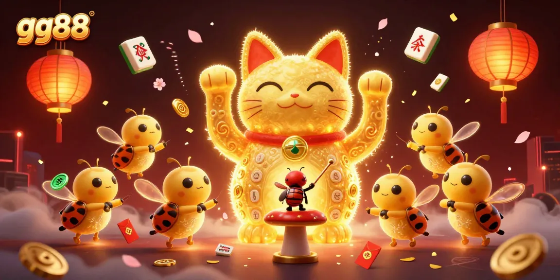 Experience thrilling gameplay at gg88 with vibrant casino symbols, lucky cat, and festive decorations.