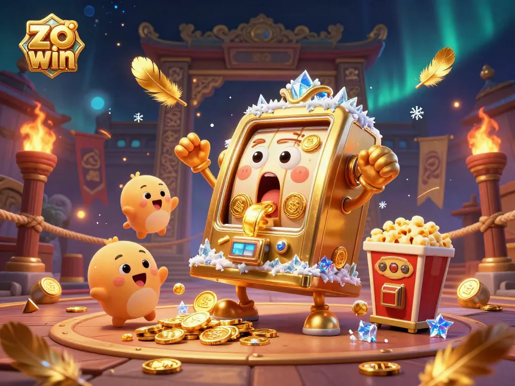 Experience excitement with the zo win slot machine celebrating a jackpot, surrounded by cheering small machines and coins flowing.