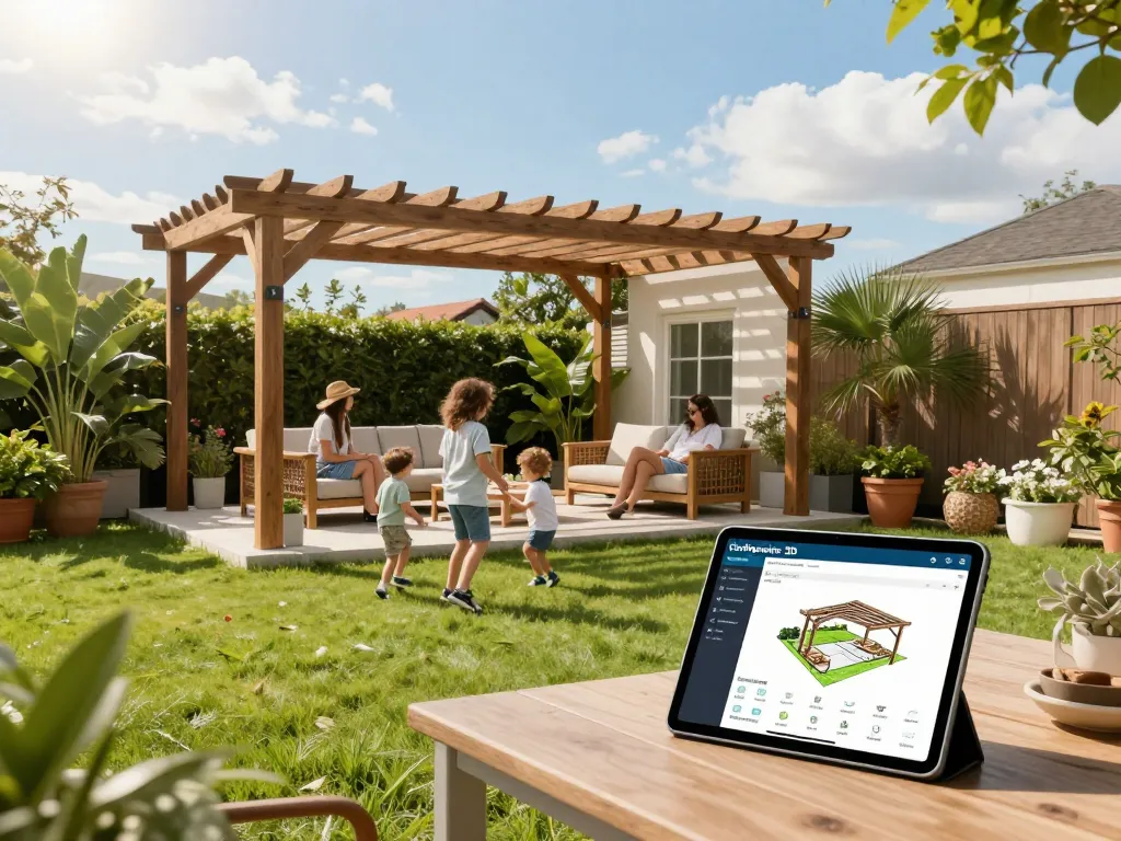 Interactive configuratore 3D pergola demonstration in a sunny backyard with family enjoying outdoor space.