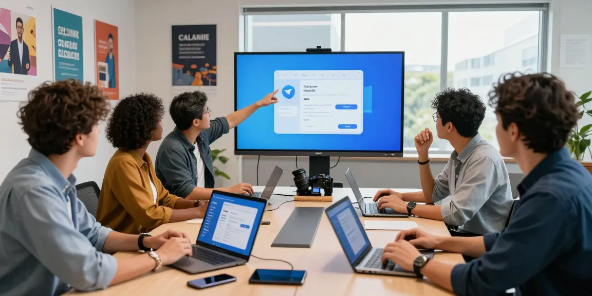 Download Telegram app showcased in a collaborative tech workspace emphasizing communication and teamwork.