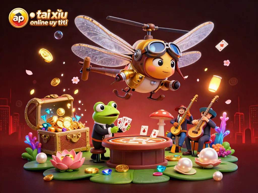 Engage with app tài xỉu online uy tín in a vibrant dragonfly-themed casino scene featuring jazz-playing crickets and a frog croupier.