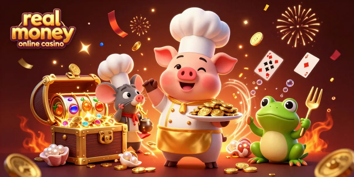 Experience a vibrant real money online casino scene with a chef pig serving gold coins, animated elements around.