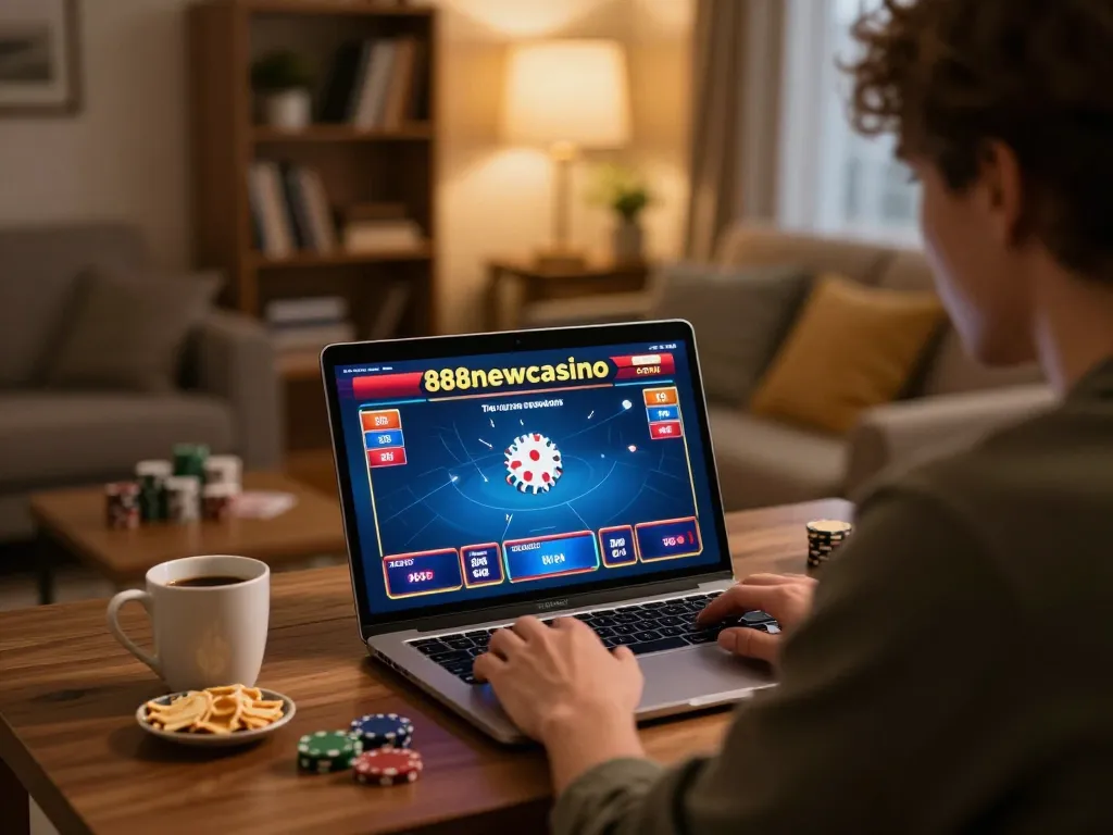 Engaged player utilizing the 888newcasino com for online poker gameplay in a cozy setting