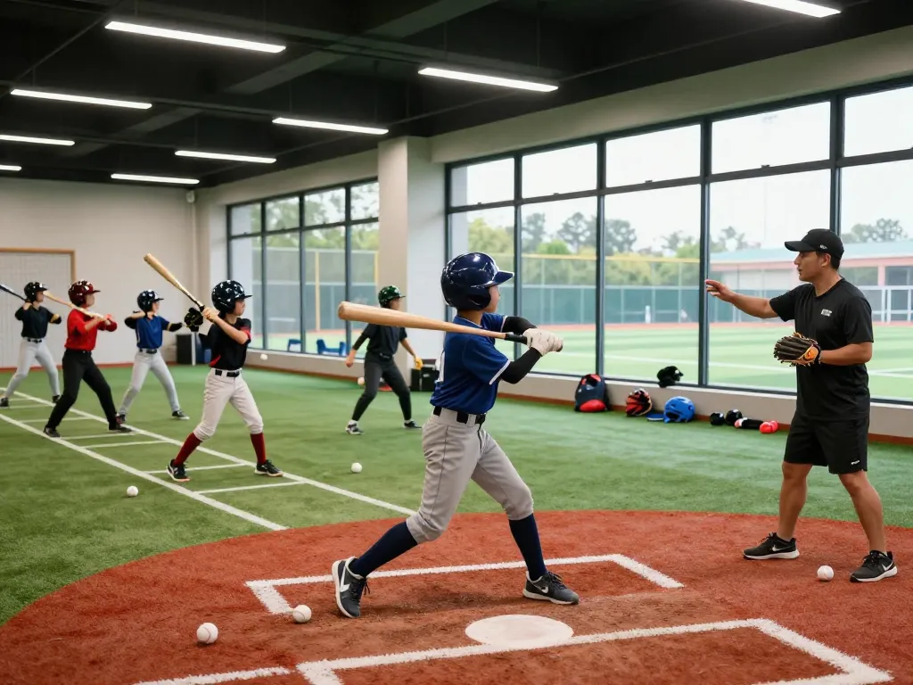 Hitclub baseball training session with young athletes and coach in modern facility.