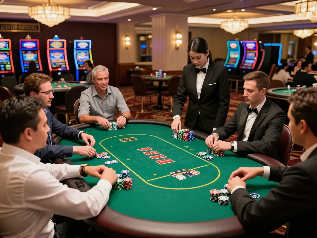 Players engaged in intense poker gameplay at nhà cái 32win, showcasing excitement and strategy amidst vibrant casino atmosphere.