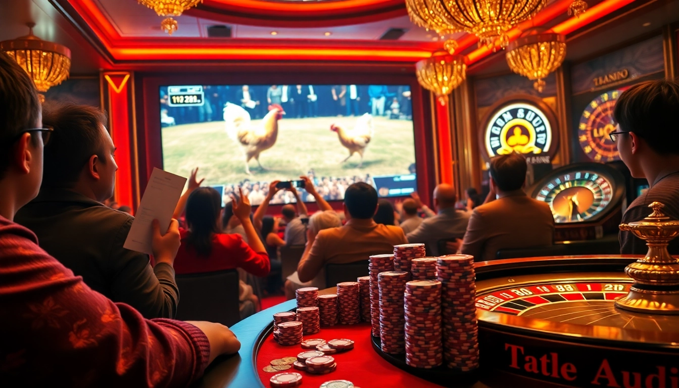 Experience đá gà trực tiếp excitement at a luxurious casino, surrounded by engaged spectators and vibrant displays.