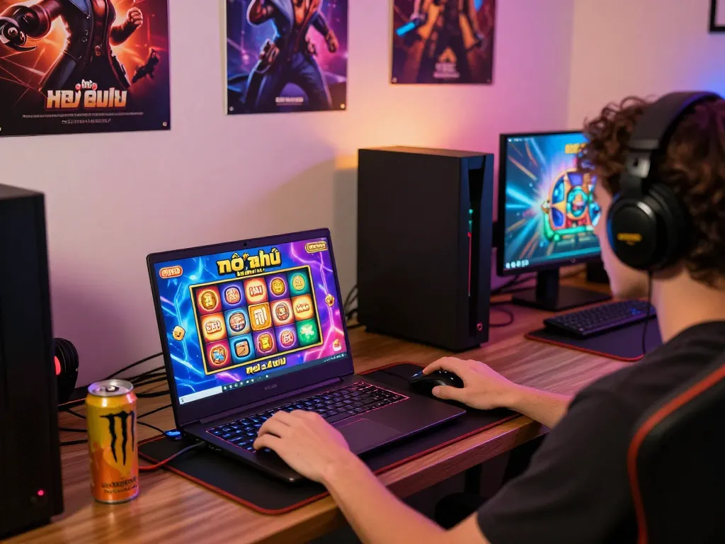 Exciting scene of nổ hũ đổi thưởng gameplay on a laptop with vibrant graphics and gaming setup.