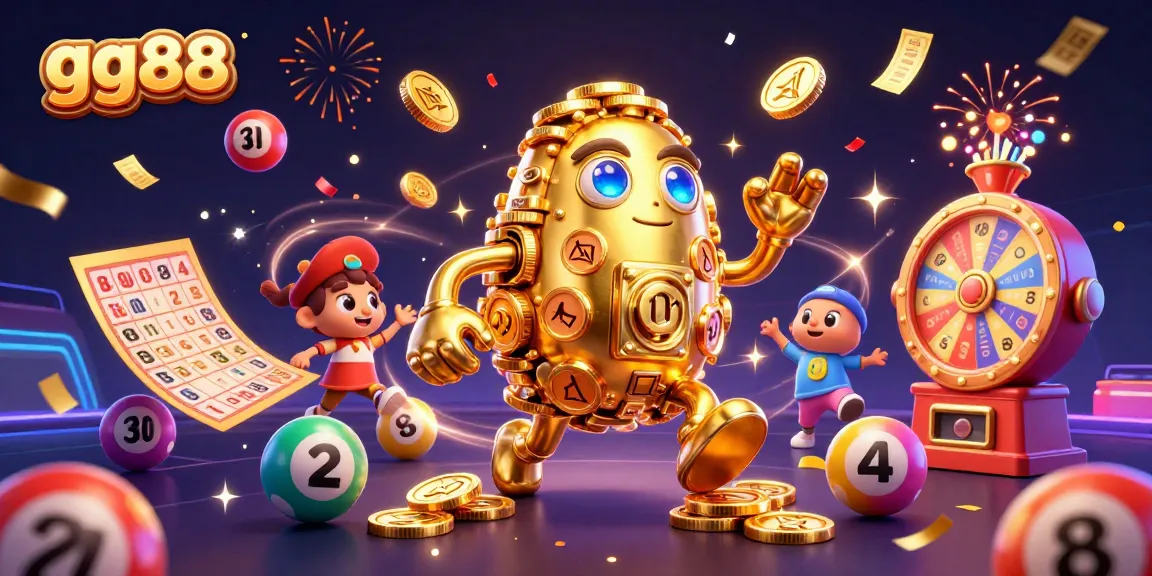 Engage in thrilling gameplay with gg88's dynamic golden golem amidst bouncing lottery balls and sparkling confetti.