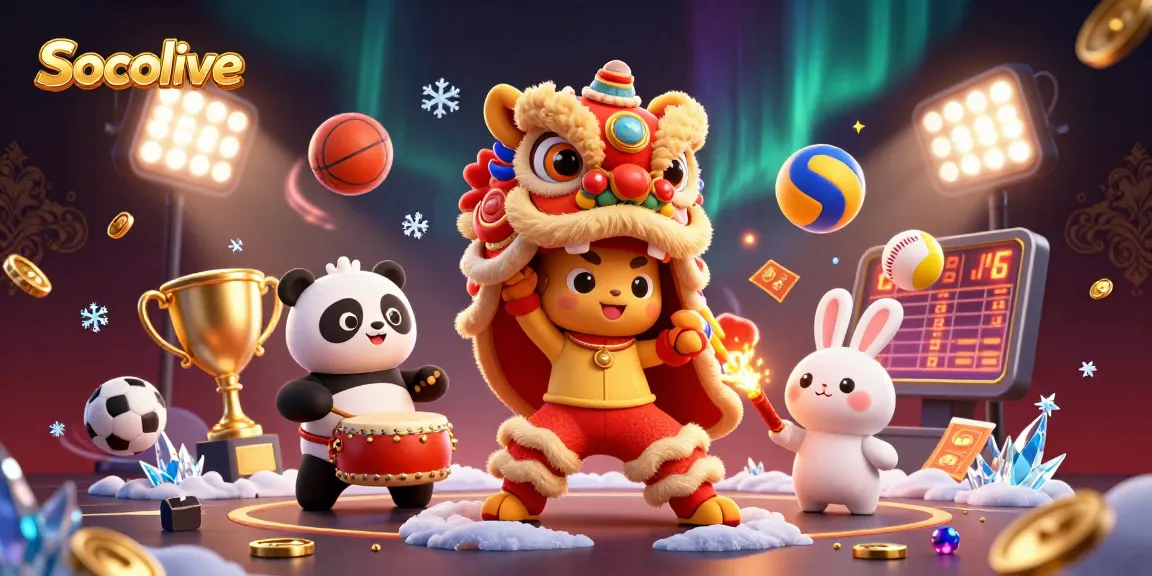 Socolive shines in vibrant 3D with dynamic sports elements and festive decor, ideal for online betting fans.