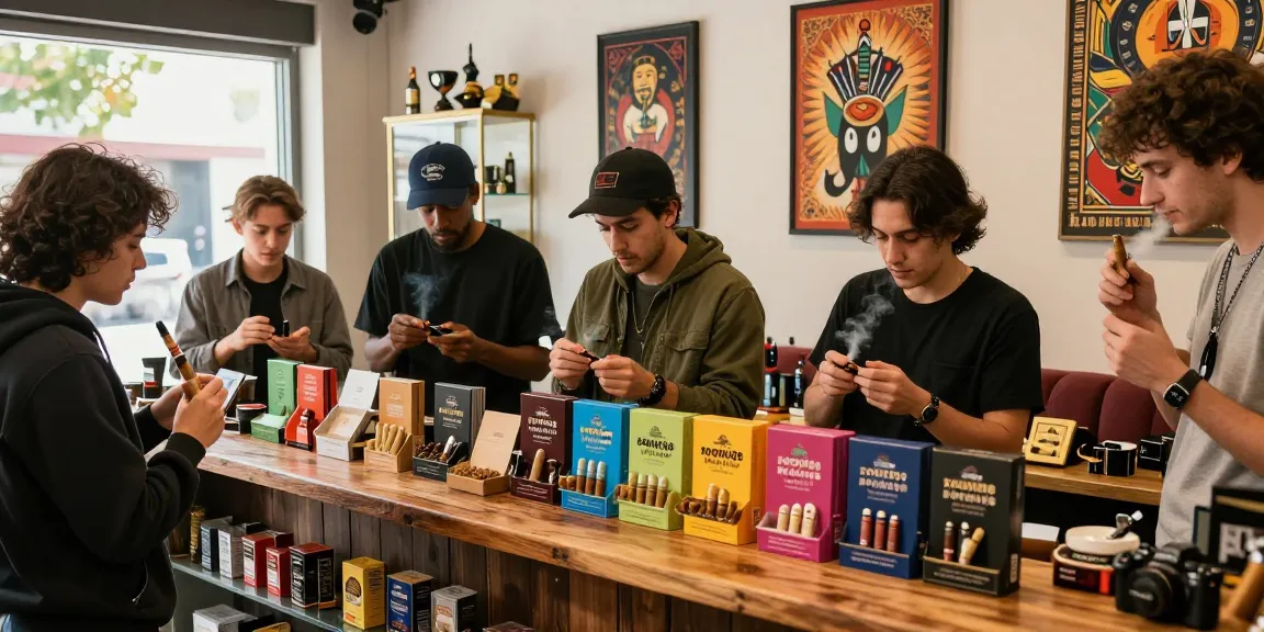 Friends exploring rokok88 super products in a cozy smoke shop atmosphere