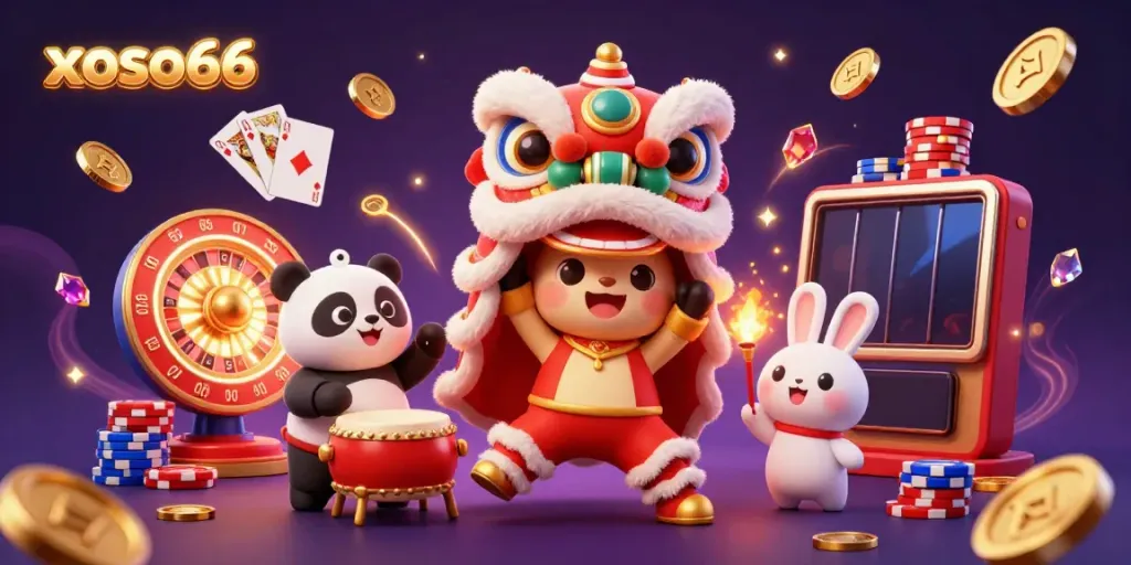 Experience the vibrant energy of xoso66 with a lively scene of a lion dance and casino elements.