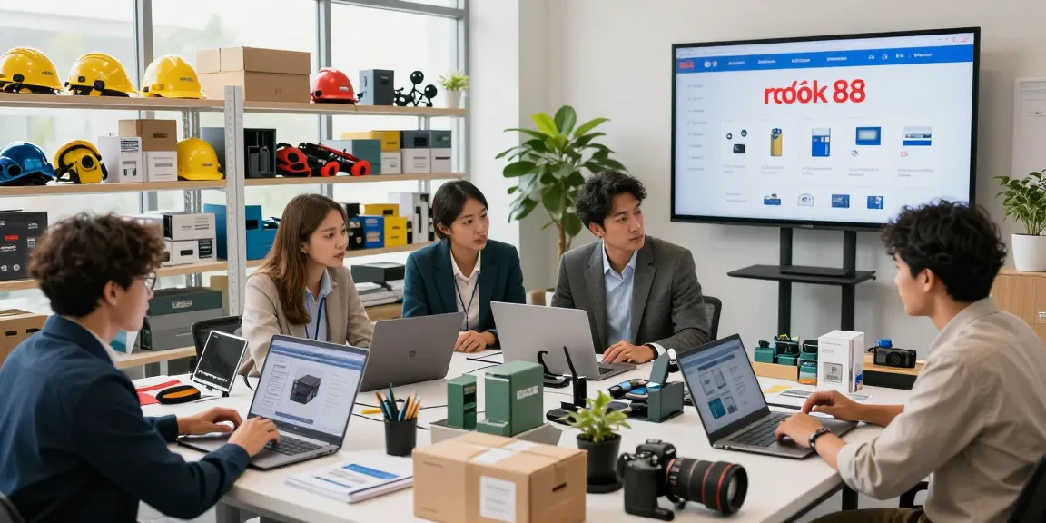 Interactive business professionals engaging with the rokok 88 marketplace, showcasing diverse industrial products in a bright e-commerce environment.