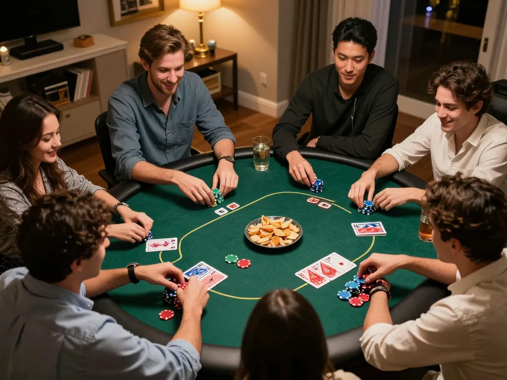 Xôi lạc players enjoying a lively poker night with strategies on display and chips in action amidst warm lighting.