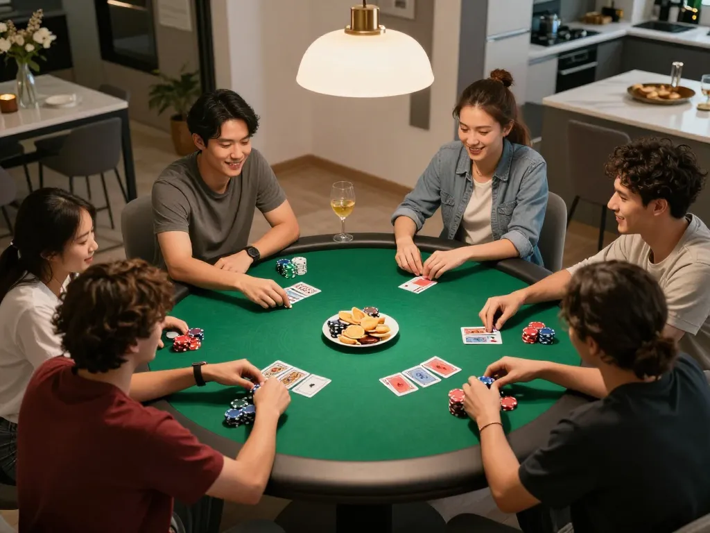Engaged friends playing poker at home, showcasing social atmosphere with BL555 gaming elements.
