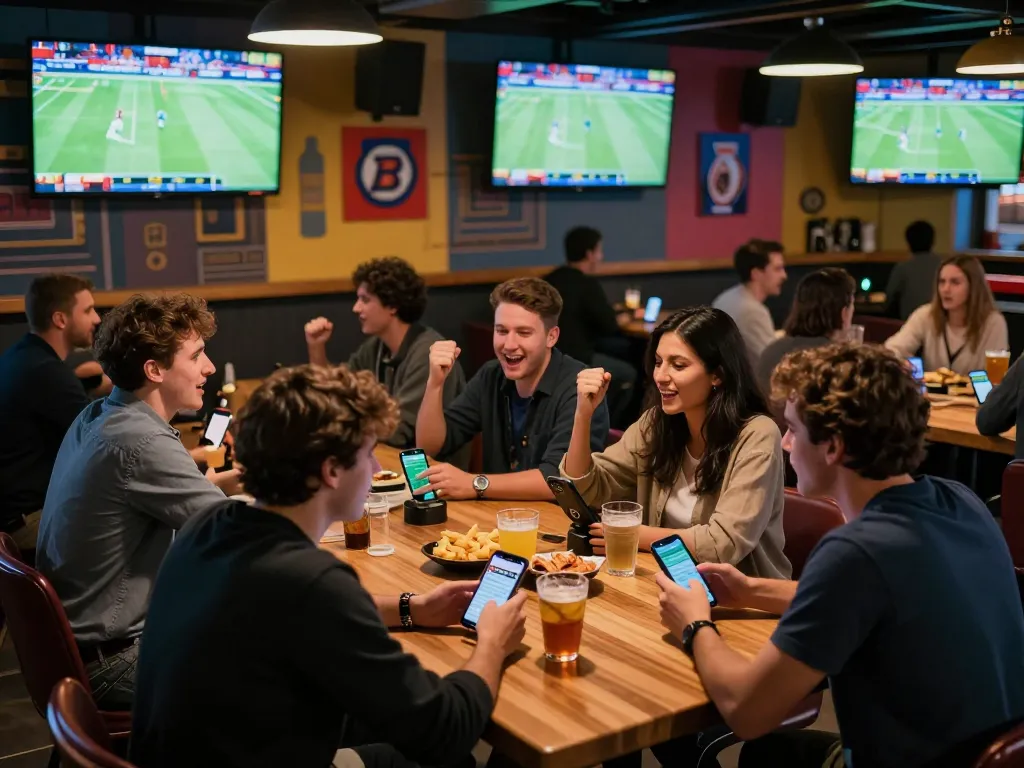 Tỷ lệ kèo trực tuyến showcased as friends cheer while placing live bets at sports bar